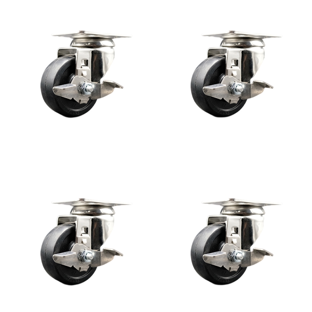 SCC-SS31620S314-SRS-TLB-4 Soft Rubber Swivel Top Plate Caster with 3 in. Black Caster Wheels - 316 Stainless Steel Casters - Set of 4