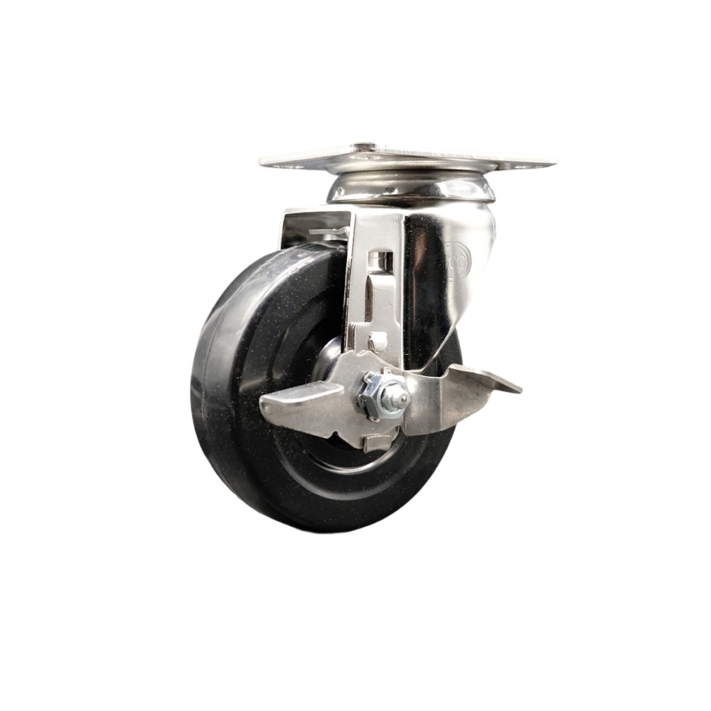 SCC-SS31620S414-SRS-TLB Soft Rubber Swivel Top Plate Caster with 4 in. Black Caster Wheel & Top Lock Brake - 316 Stainless Steel Caster