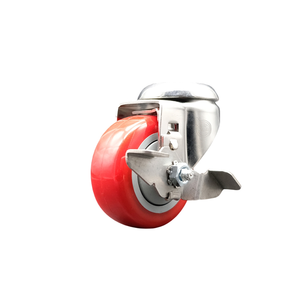 SCC-SS316BH20S314-PPUB-RED-TLB Polyurethane Swivel Bolt Hole Caster with 3 in. Red Caster Wheel & Top Lock Brake - 316 Stainless Steel Caster