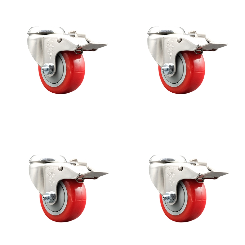 SCC-SS316BHTTL20S314-PPUB-RED-4 Polyurethane Swivel Bolt Hole Caster with 3 in. Red Caster Wheels - 316 Stainless Steel Caster - Set of 4