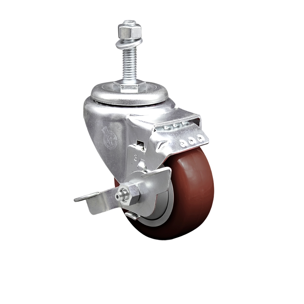 Stainless Steel Polyurethane Swivel Threaded Stem Caster with 3 x 1.25 in. Maroon Wheel & 0.38 in. Stem & Top Locking Brake