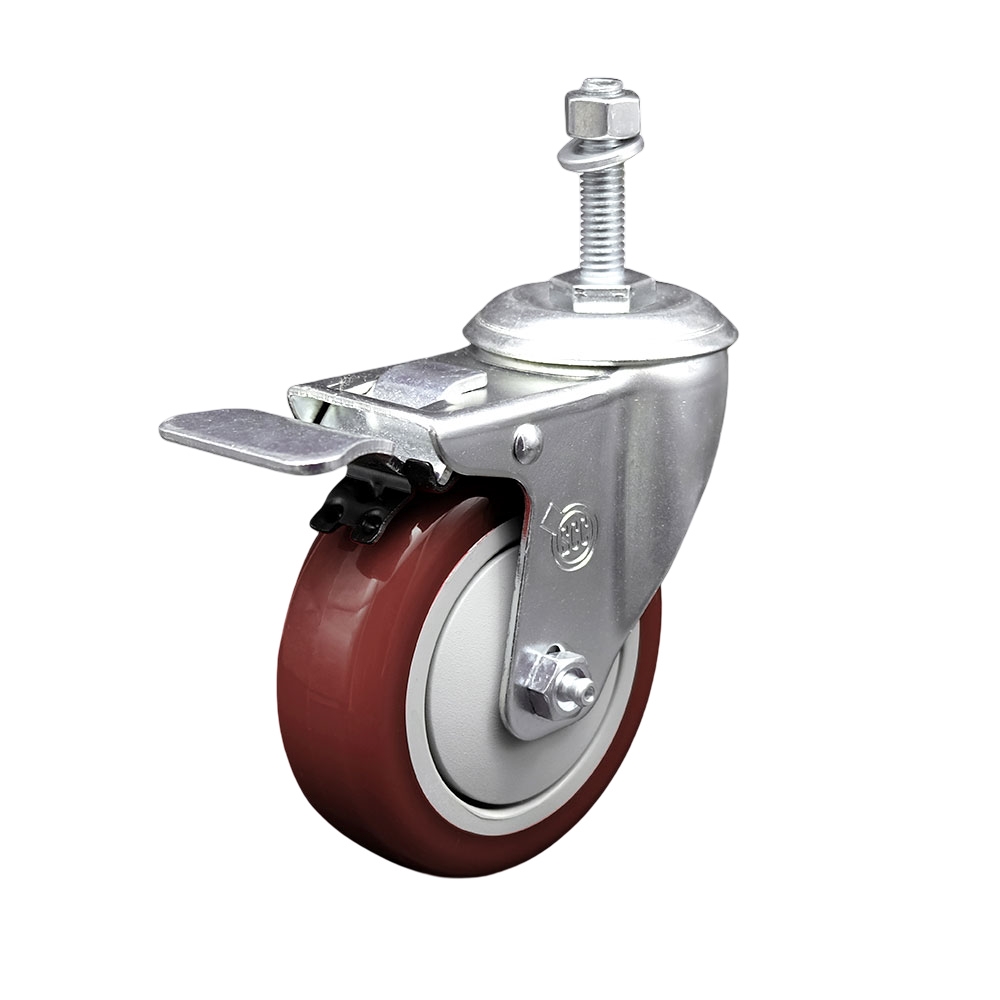 SCC-TSTTL20S414-PPUB-MRN-M1015 Polyurethane Swivel Threaded Stem Caster with 4 x 1.25 in. Maroon Wheel & 10 mm Stem & Total Locking Brake