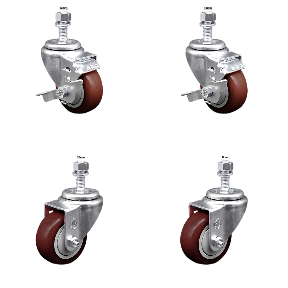 Stainless Steel Polyurethane Swivel Threaded Stem Caster with 3 x 1.25 in. Maroon Wheels & 12 mm Stems - Set of 4