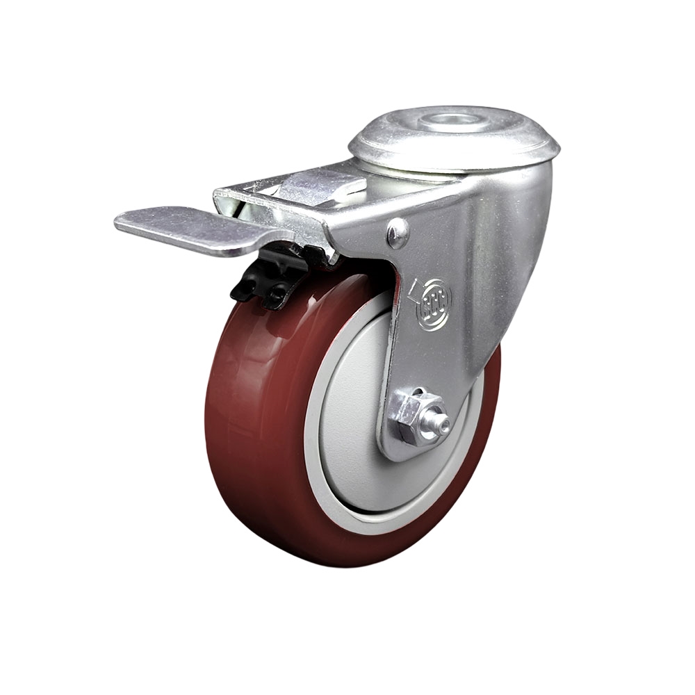 SCC-SSBHTTL20S414-PPUB-MRN Stainless Steel Polyurethane Swivel Bolt Hole Caster with 4 x 1.25 in. Maroon Wheel & Total Locking Brake