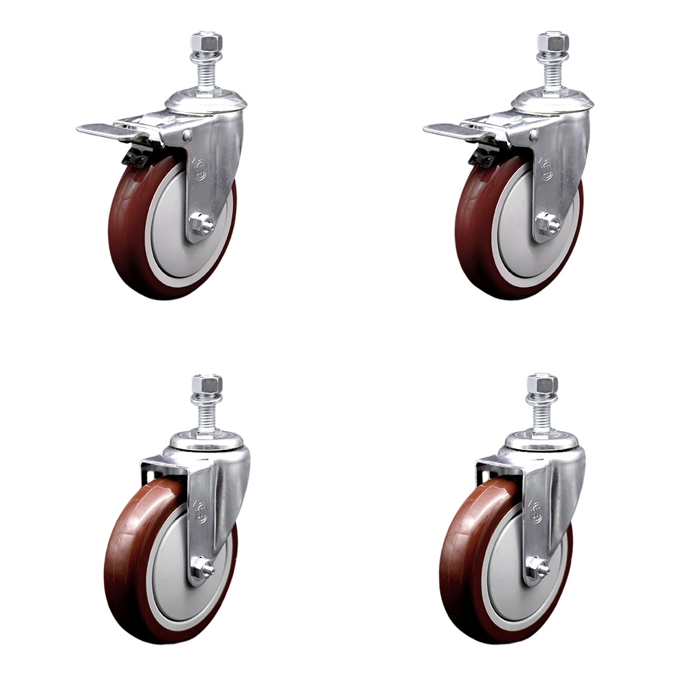 Stainless Steel Polyurethane Swivel Threaded Stem Caster with 5 x 1.25 in. Maroon Wheels & 12 mm Stems - Set of 4