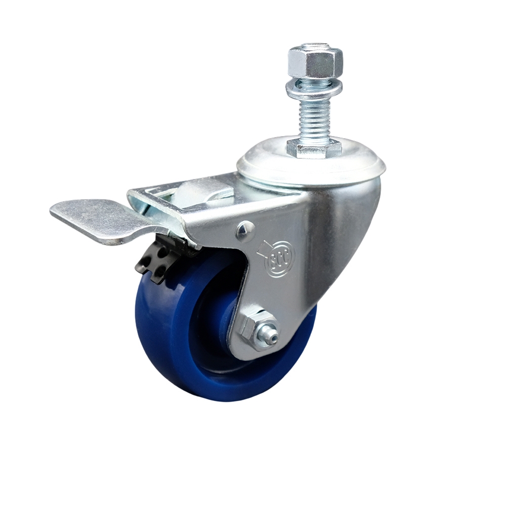 Stainless Steel Solid Polyurethane Swivel Threaded Stem Caster with 3.5 x 1.25 in. Blue Wheel & 12 mm Stem & Total Locking Brake