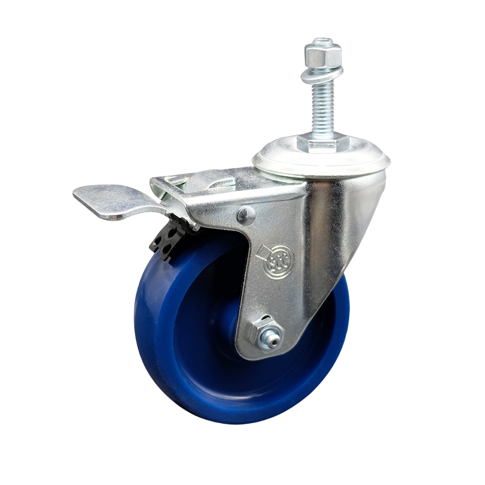 SCC-TSTTL20S414-SPUS-M1015 Solid Polyurethane Swivel Threaded Stem Caster with 4 x 1.25 in. Blue Wheel & 10 mm Stem & Total Locking Brake