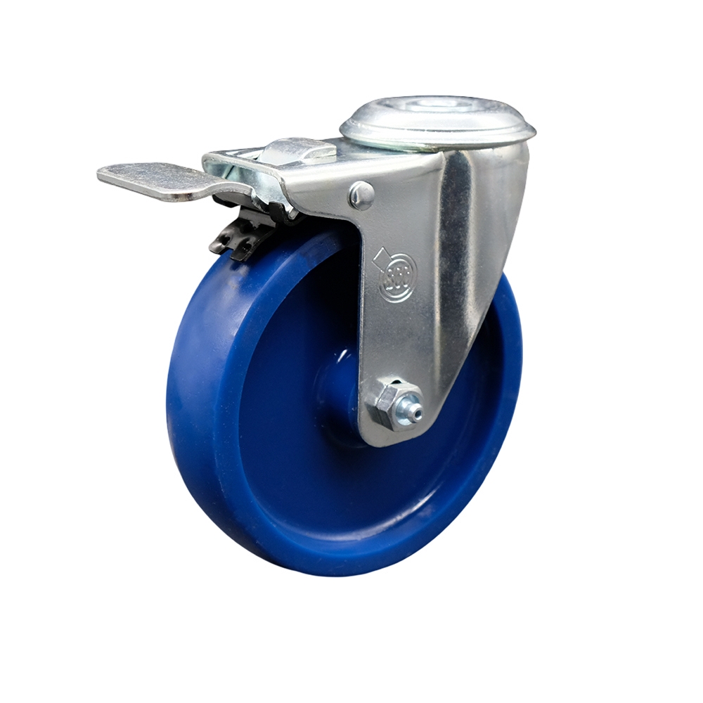 SCC-SSBHTTL20S514-SPUS Stainless Steel Solid Polyurethane Swivel Bolt Hole Caster with 5 x 1.25 in. Blue Wheel & Total Locking Brake