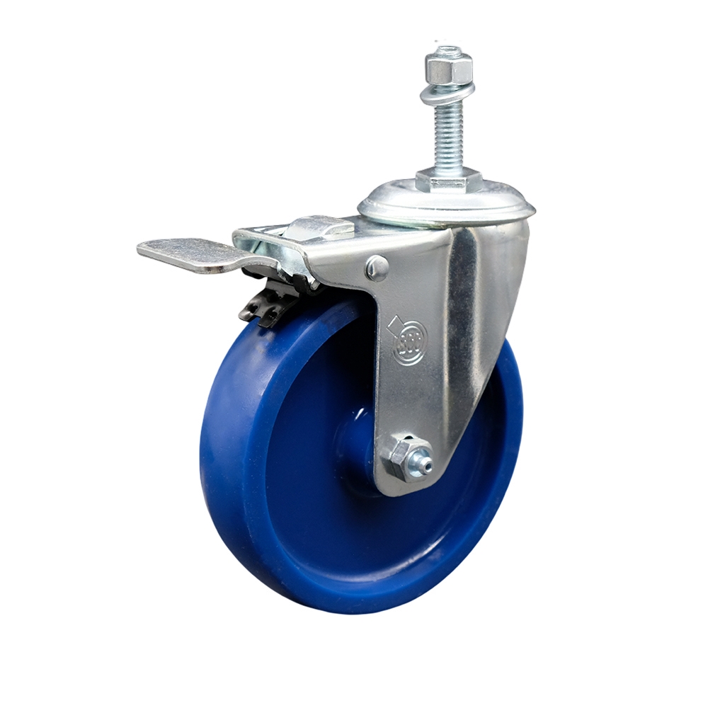 Stainless Steel Solid Polyurethane Swivel Threaded Stem Caster with 5 x 1.25 in. Blue Wheel & 0.38 in. Stem & Total Locking Brake