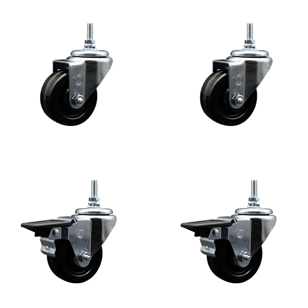 SCC-TS20S314-PHS-M1215-2-PLB-2 Phenolic Swivel Threaded Stem Caster with 3 x 1.25 in. Black Wheels & 12 mm Stems - Set of 4