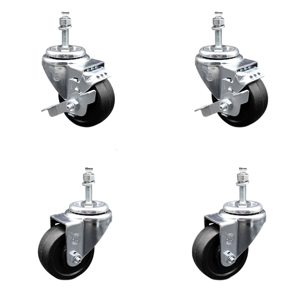 SCC-TS20S314-SRS-M1015-2-TLB-2 Soft Rubber Swivel Threaded Stem Caster with 3 x 1.25 in. Black Wheels & 10 mm Stems - Set of 4