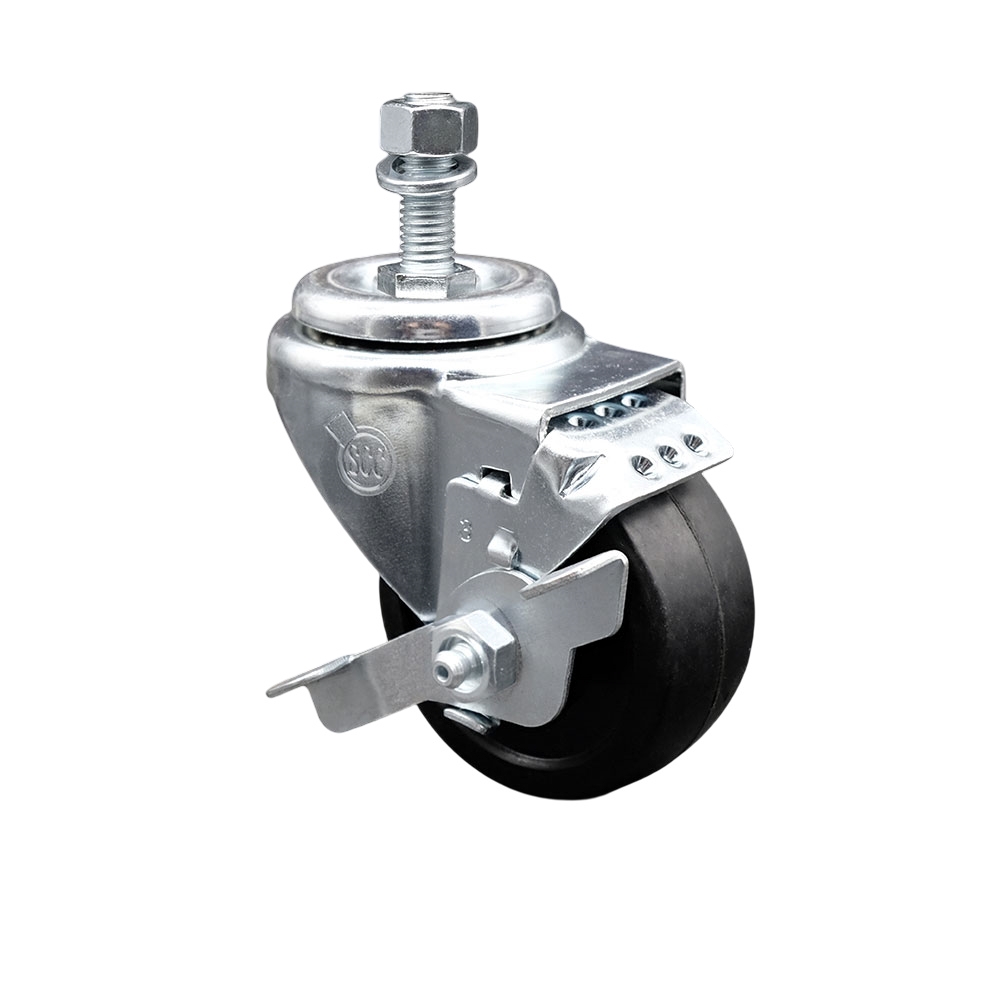 SCC-TS20S3514-SRS-TLB-121315 Soft Rubber Swivel Threaded Stem Caster with 3.5 x 1.25 in. Black Wheel & 0.5 in. Stem & Top Locking Brake