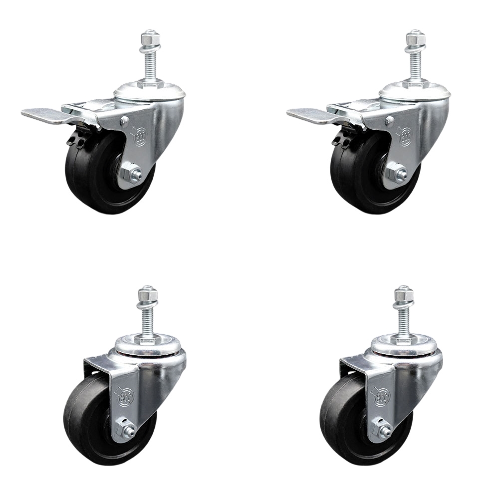SCC-TSTTL20S3514-SRS-M1015-2-S-2 Soft Rubber Swivel Threaded Stem Caster with 3.5 x 1.25 in. Black Wheels & 10 mm Stems - Set of 4