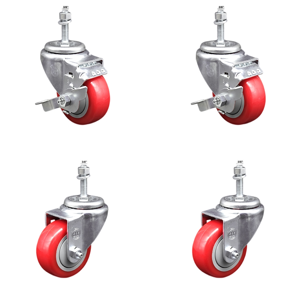 Stainless Steel Polyurethane Swivel Threaded Stem Caster with 3 x 1.25 in. Red Wheels & 0.38 in. Stems - Set of 4