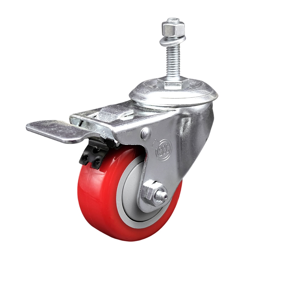 SCC-TSTTL20S3514-PPUB-RED-M1015 Polyurethane Swivel Threaded Stem Caster with 3.5 x 1.25 in. Red Wheel & 10 mm Stem & Total Locking Brake