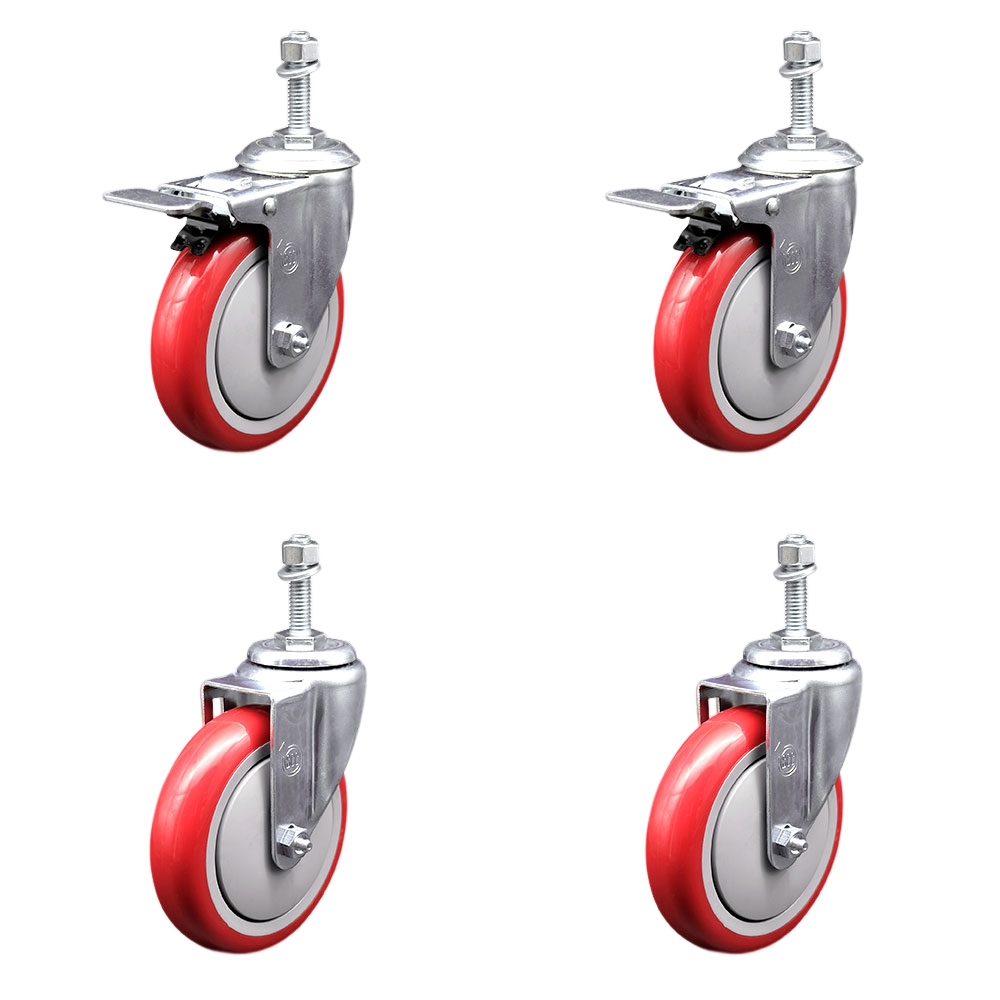 SCC-TSTTL20S514-PPUB-RED-M1015-2-S-2 Polyurethane Swivel Threaded Stem Caster with 5 x 1.25 in. Red Wheels & 10 mm Stems - Set of 4