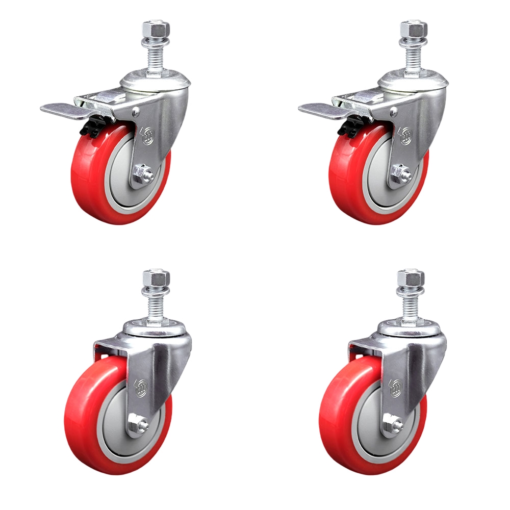 SCC-TSTTL20S414-PPUB-RED-M1215-2-S-2 Polyurethane Swivel Threaded Stem Caster with 4 x 1.25 in. Red Wheels & 12 mm Stems - Set of 4