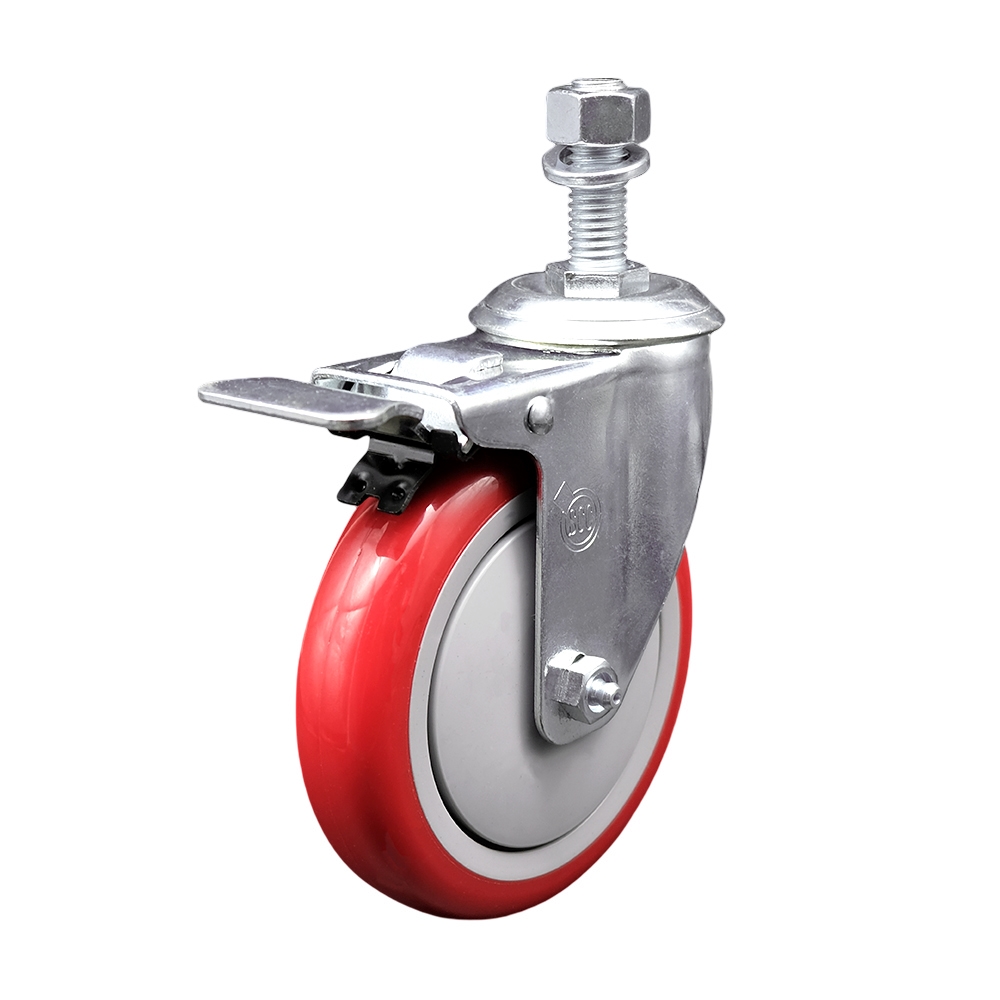 SCC-TSTTL20S514-PPUB-RED-M1215 Polyurethane Swivel Threaded Stem Caster with 5 x 1.25 in. Red Wheel & 12 mm Stem & Total Locking Brake