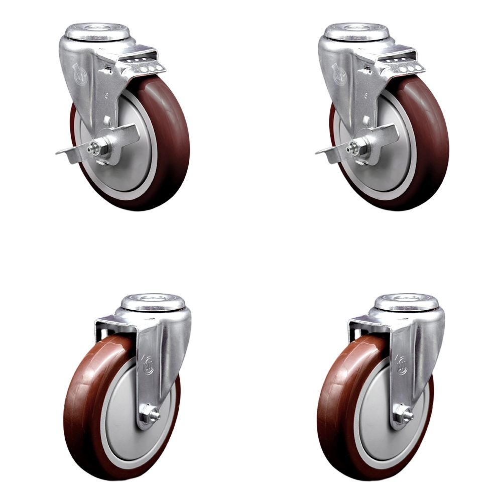 SCC-BH20S514-PPUB-MRN-TLB-2-S-2 Polyurethane Swivel Bolt Hole Caster with 5 x 1.25 in. Maroon Wheels - Set of 4