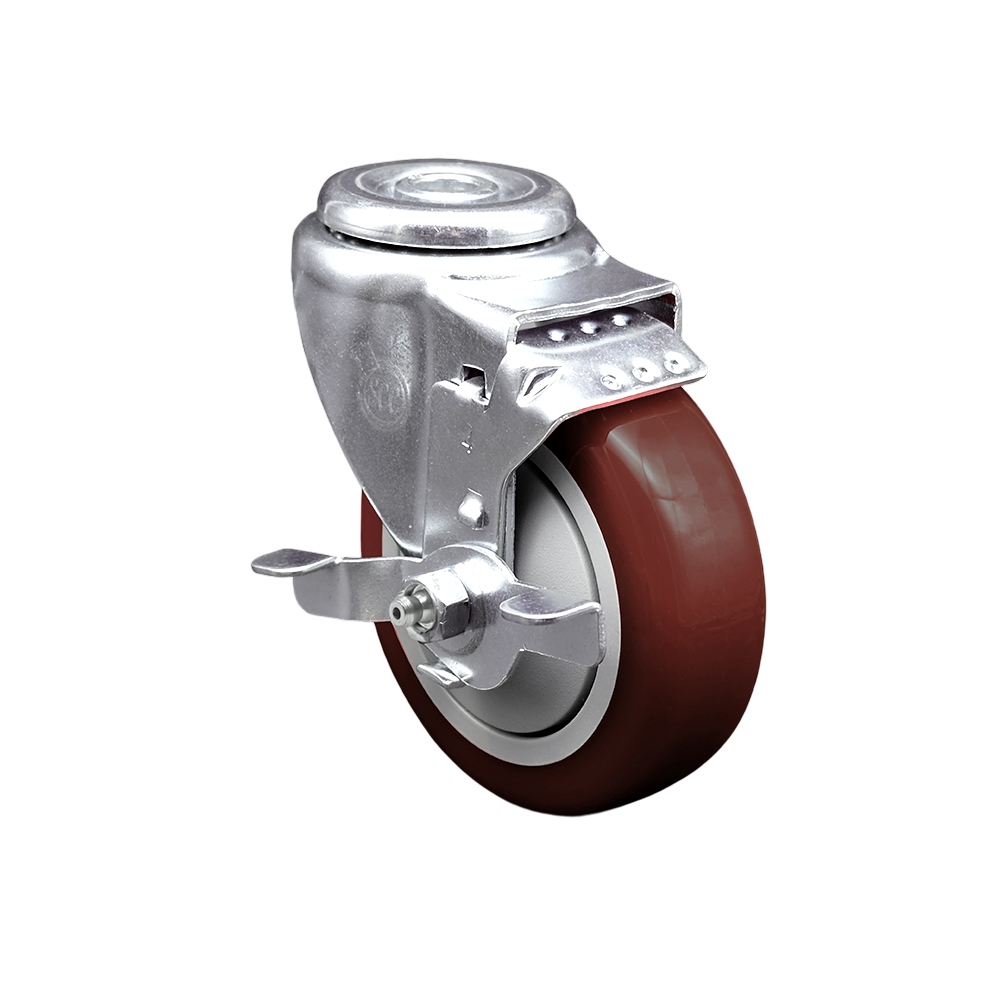 SCC-SSBH20S414-PPUB-MRN-TLB Stainless Steel Polyurethane Swivel Bolt Hole Caster with 4 x 1.25 in. Maroon Wheel & Top Locking Brake