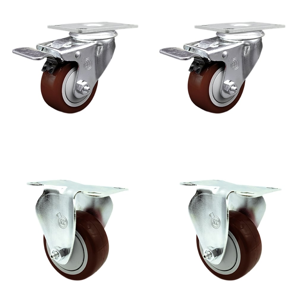 Stainless Steel Polyurethane Top Plate Caster with 3 x 1.25 in. Maroon Wheels, 2 Swivel Casters with Total Locking Brake & 2 Rigid - Set of 4