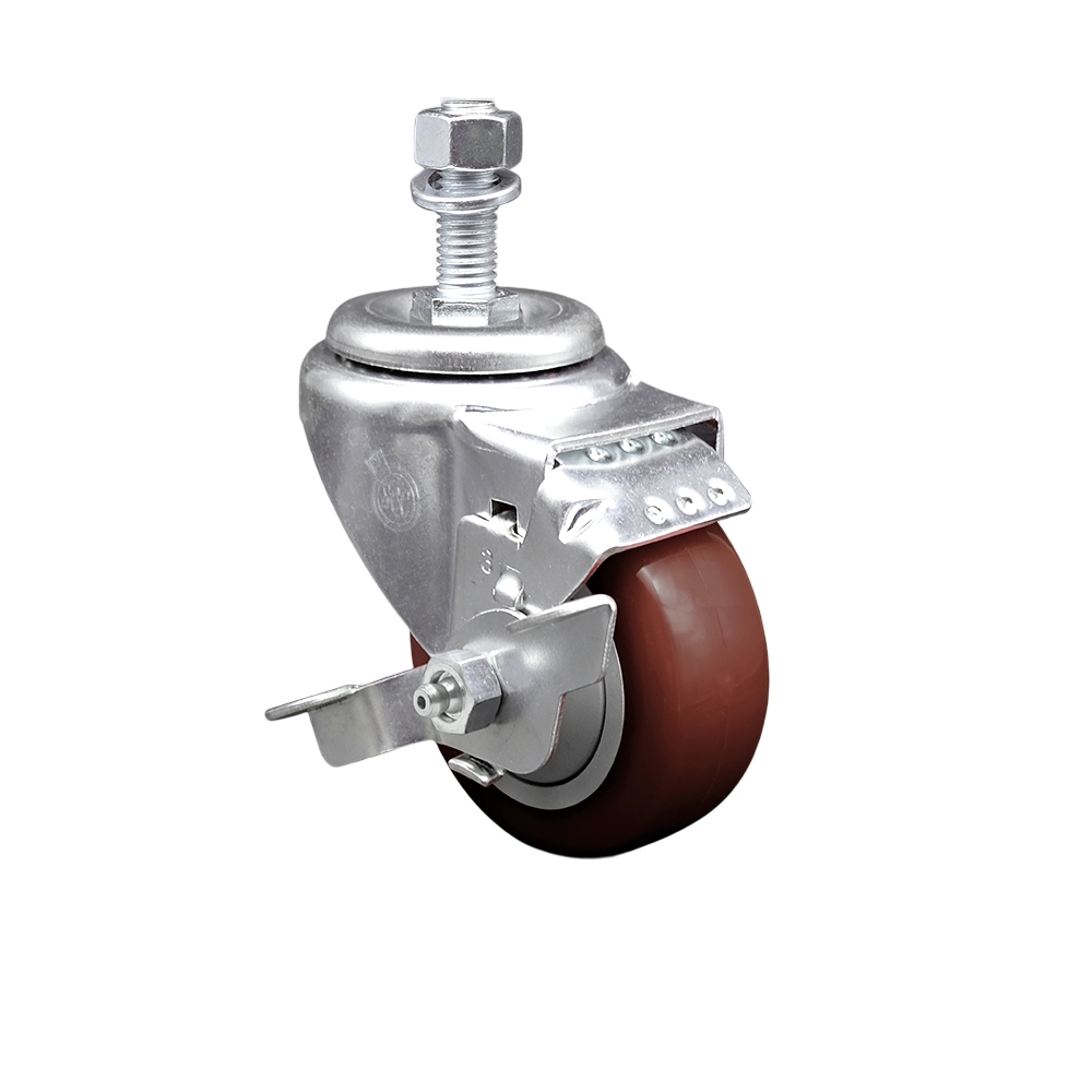 Stainless Steel Polyurethane Swivel Threaded Stem Caster with 3.5 x 1.25 in. Maroon Wheel & 0.5 in. Stem & Top Locking Brake