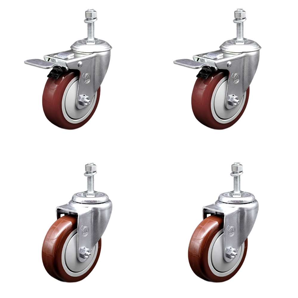Stainless Steel Polyurethane Swivel Threaded Stem Caster with 4 x 1.25 in. Maroon Wheels & 0.38 in. Stems - Set of 4