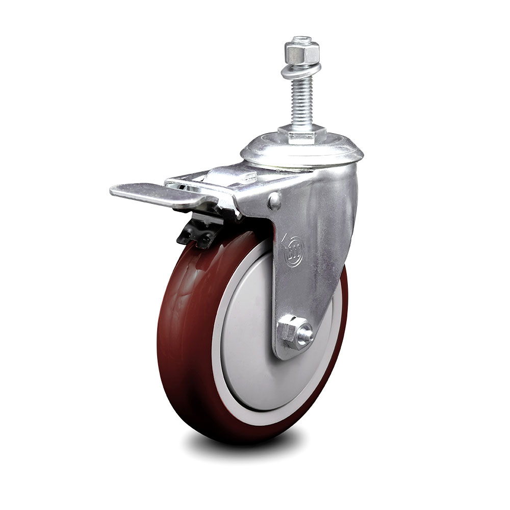 SCC-TSTTL20S514-PPUB-MRN-M1015 Polyurethane Swivel Threaded Stem Caster with 5 x 1.25 in. Maroon Wheel & 10 mm Stem & Total Locking Brake