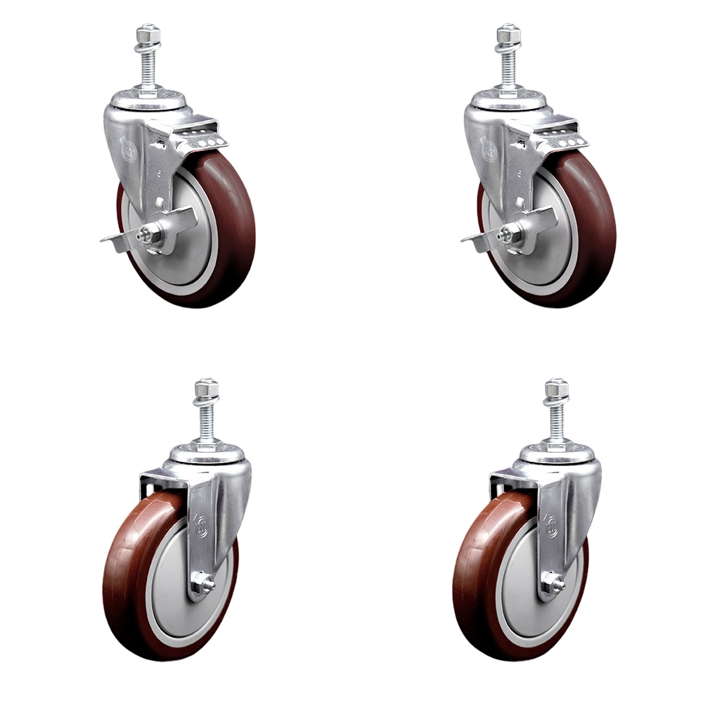 SCC-TS20S514-PPUB-MRN-TLB-M1015-2-S-2 Polyurethane Swivel Threaded Stem Caster with 5 x 1.25 in. Maroon Wheels & 10 mm Stems - Set of 4