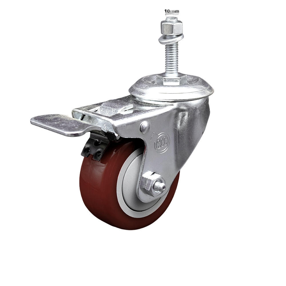 Stainless Steel Polyurethane Swivel Threaded Stem Caster with 3 x 1.25 in. Maroon Wheel & 10 mm Stem & Total Locking Brake