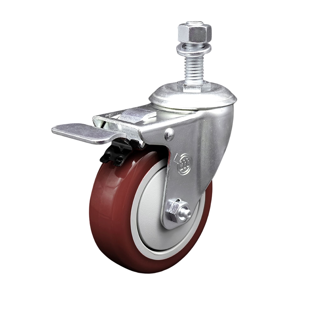 SCC-TSTTL20S414-PPUB-MRN-M1215 Polyurethane Swivel Threaded Stem Caster with 4 x 1.25 in. Maroon Wheel & 12 mm Stem & Total Locking Brake