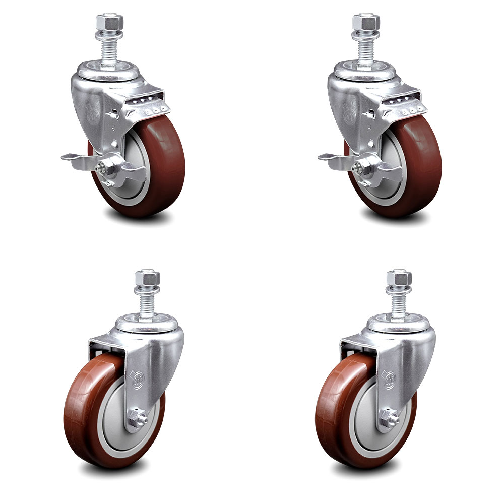 SCC-TS20S414-PPUB-MRN-TLB-M1215-2-S-2 Polyurethane Swivel Threaded Stem Caster with 4 x 1.25 in. Maroon Wheels & 12 mm Stems - Set of 4