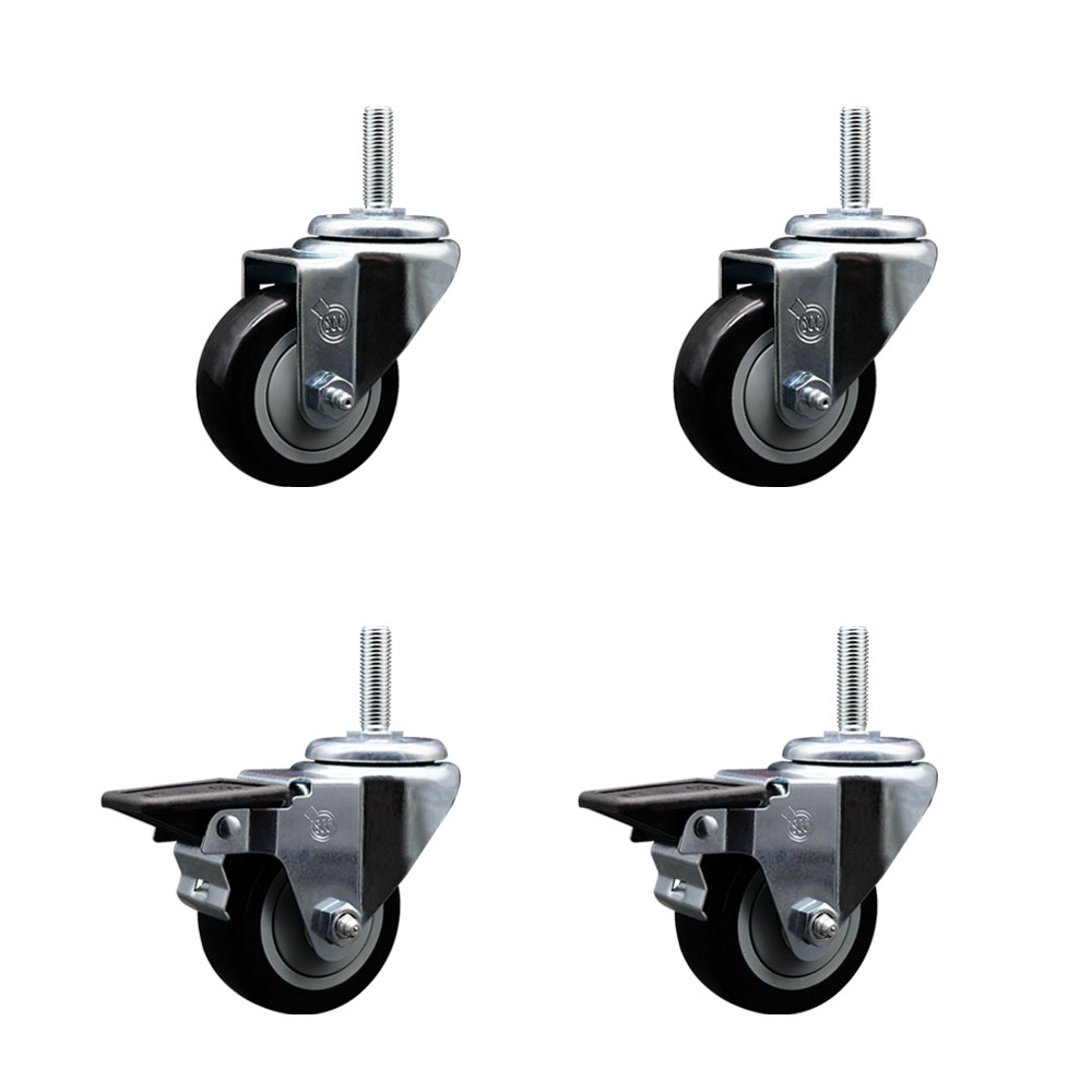 SCC-TS20S314-PPUB-BLK-34212-2-PLB-2 Polyurethane Swivel Threaded Stem Caster with 3 x 1.25 in. Black Wheels & 0.75 in. Stems - Set of 4