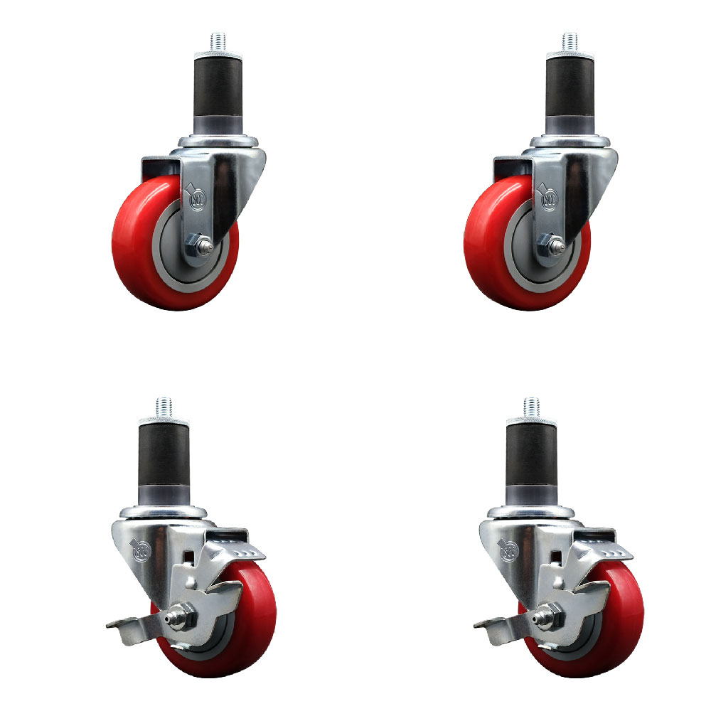 SCC-EX20S3514-PPUB-RED-2-TLB-2-158 Polyurethane Swivel Expanding Stem Caster with 3.5 in. Red Wheels & 1.63 in. Stems - Set of 4