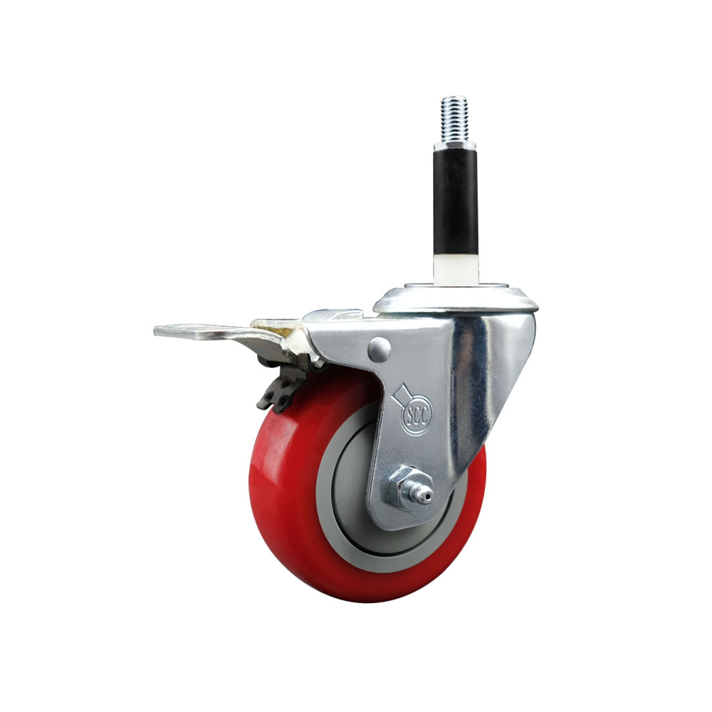 SCC-SSEXTTL20S3514-PPUB-RED-78 Stainless Steel Polyurethane Expanding Stem Swivel Caster with 3.5 in. Red Wheel & 0.87 in. Stem & Total Locking Brake