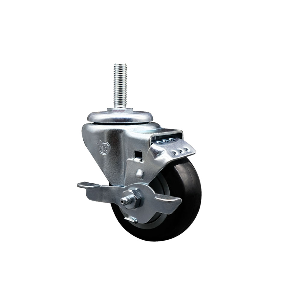 SCC-TS20S314-PPUB-BLK-TLB-58212 Polyurethane Swivel Threaded Stem Caster with 3 x 1.25 in. Black Wheel & 0.63 in. Stem & Top Locking Brake