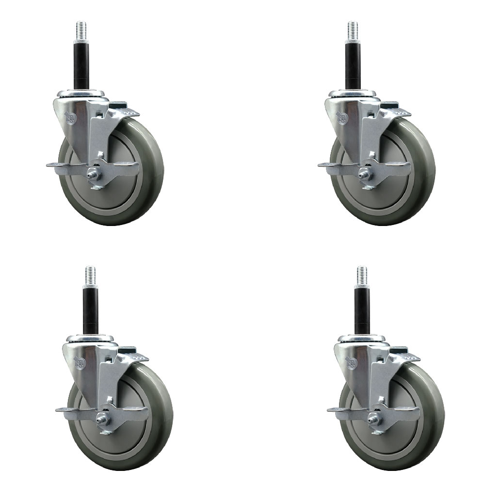 Stainless Steel Polyurethane Swivel Expanding Stem Caster with 5 in. Gray Wheels & 0.75 in. Stems 4 Swivel with Top Locking Brakes - Set of 4