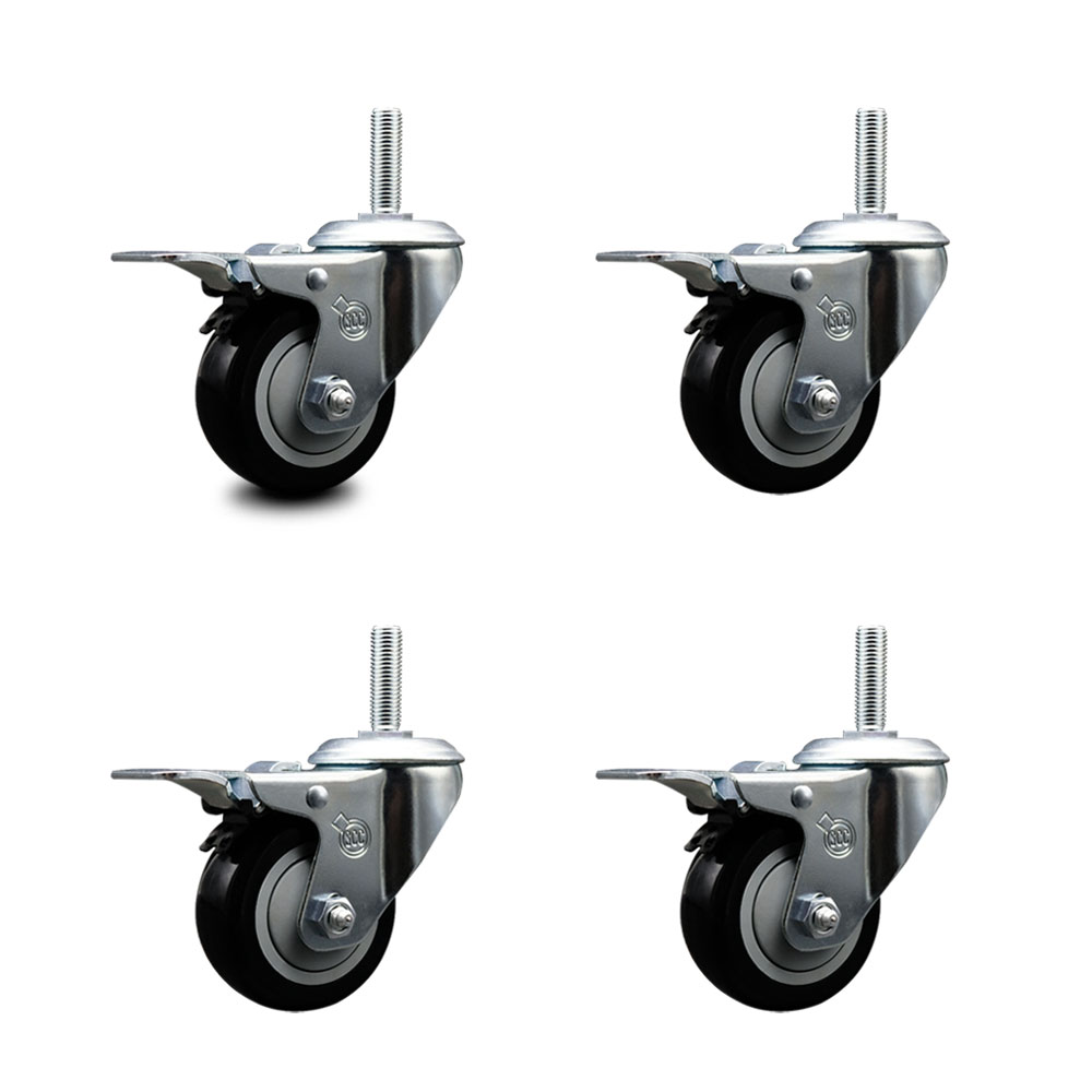 SCC-TSTTL20S314-PPUB-BLK-58212-4 Polyurethane Swivel Threaded Stem Caster with 3 x 1.25 in. Black Wheels & 0.63 in. Stems - Set of 4