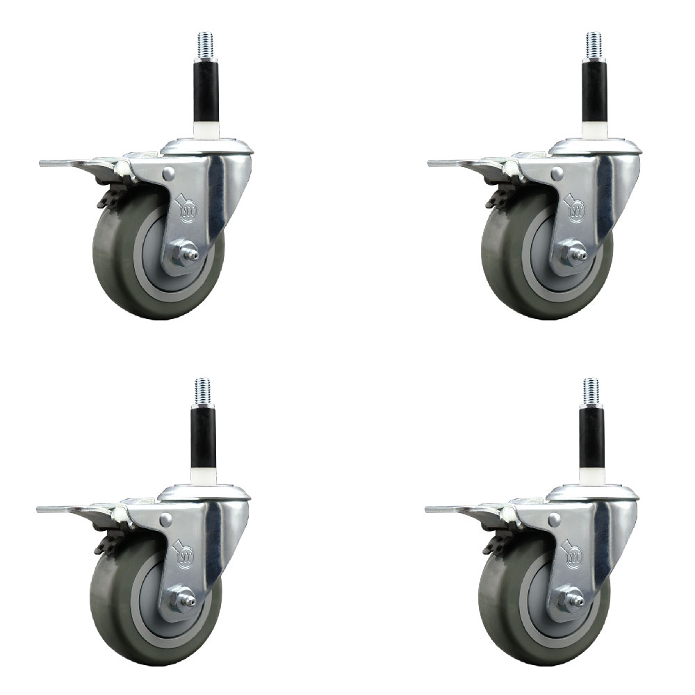 Stainless Steel Polyurethane Swivel Expanding Stem Caster with 3.5 in. Gray Wheels & 0.87 in. Stems 4 Swivel with Total Locking Brakes - Set of 4