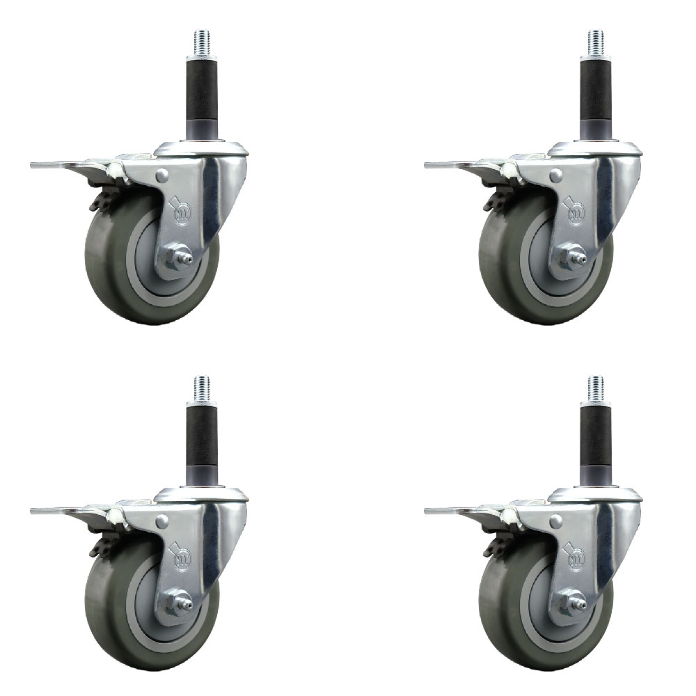 Stainless Steel Polyurethane Swivel Expanding Stem Caster with 3.5 in. Gray Wheels & 1 in. Stems 4 Swivel with Total Locking Brakes - Set of 4
