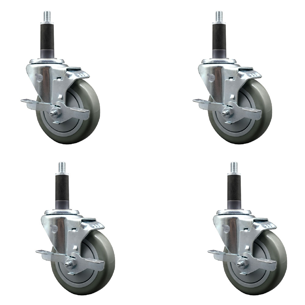 Stainless Steel Polyurethane Swivel Expanding Stem Caster with 4 in. Gray Wheels & 1 in. Stems 4 Swivel with Top Locking Brakes - Set of 4