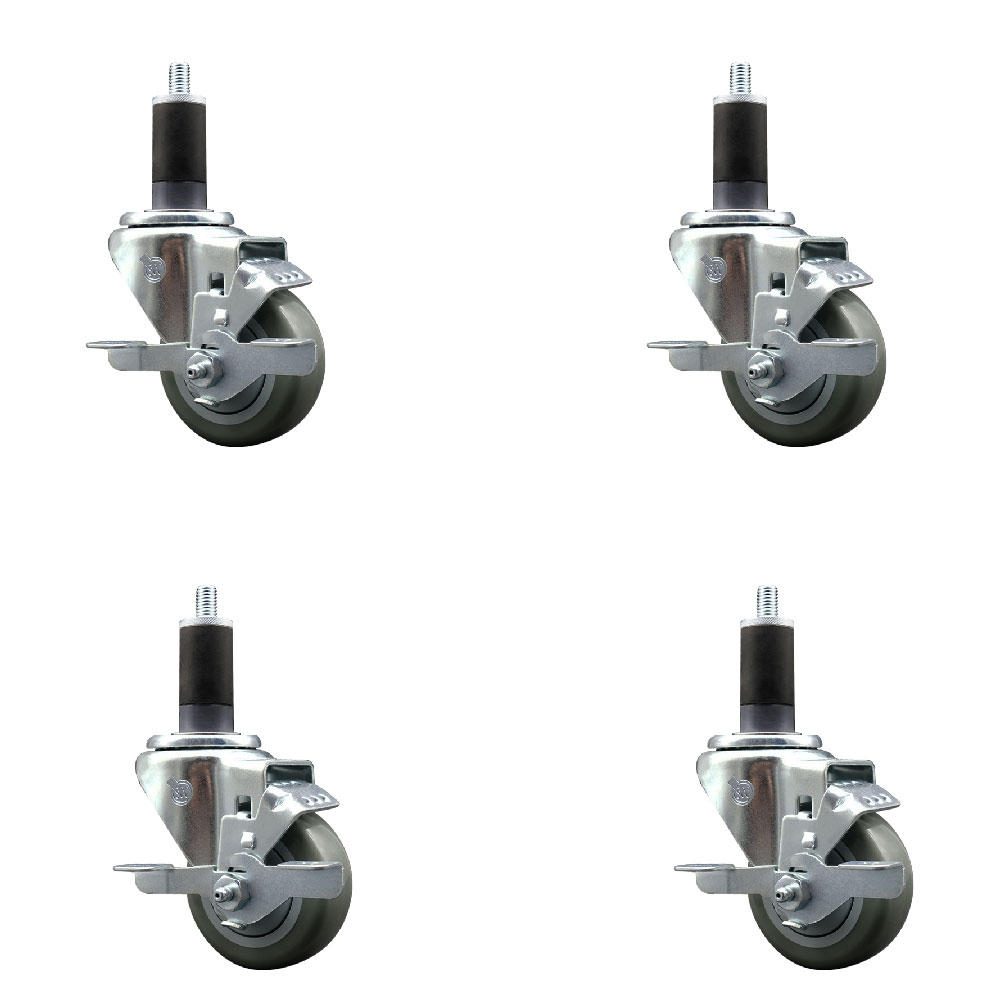 Stainless Steel Polyurethane Swivel Expanding Stem Caster with 3 in. Gray Wheels & 1.25 in. Stems 4 Swivel with Top Locking Brakes - Set of 4