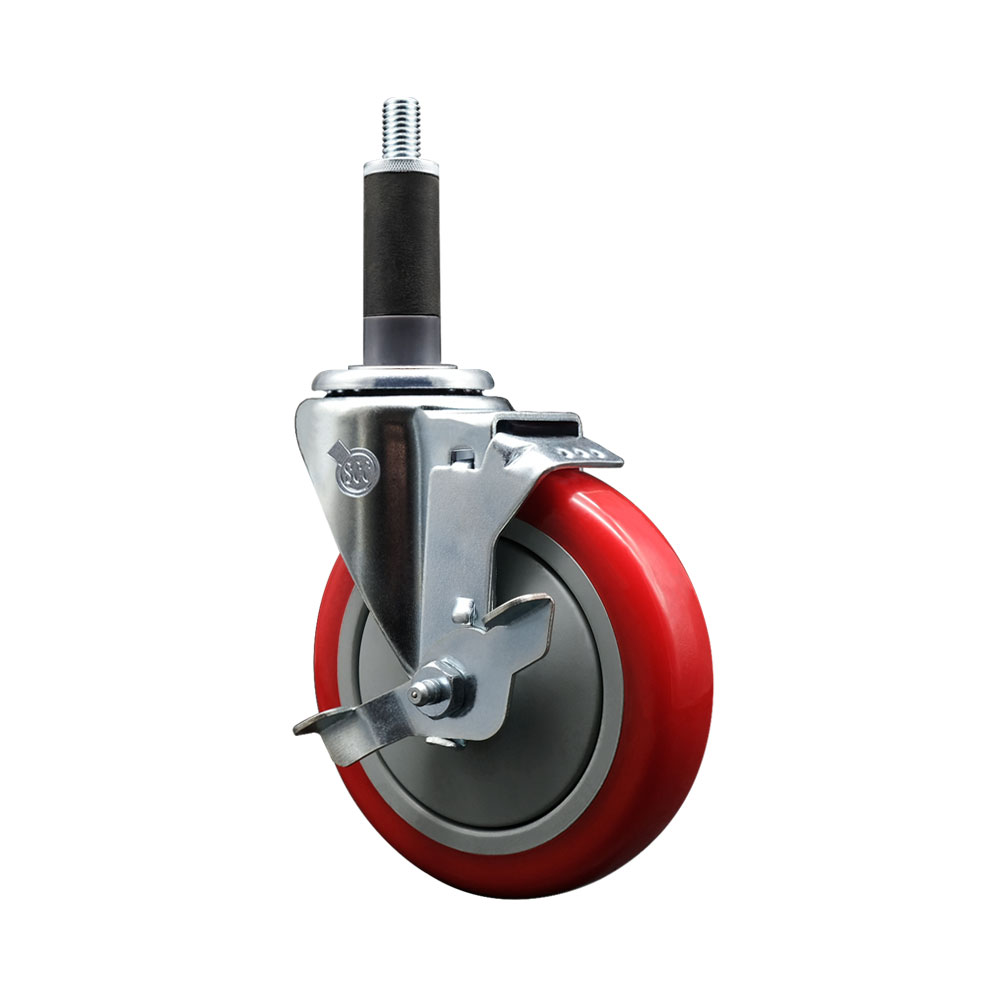 SCC-SSEX20S514-PPUB-RED-TLB-1 Stainless Steel Polyurethane Expanding Stem Swivel Caster with 5 in. Red Wheel & 1 in. Stem & Top Locking Brake