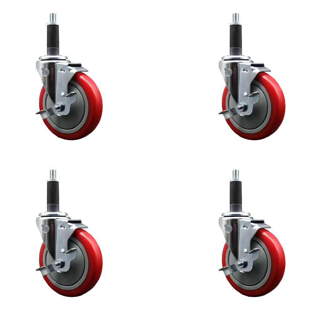 SCC-SSEX20S514-PPUB-RED-TLB-1-4 Stainless Steel Polyurethane Swivel Expanding Stem Caster with 5 in. Red Wheels & 1 in. Stems - Set of 4