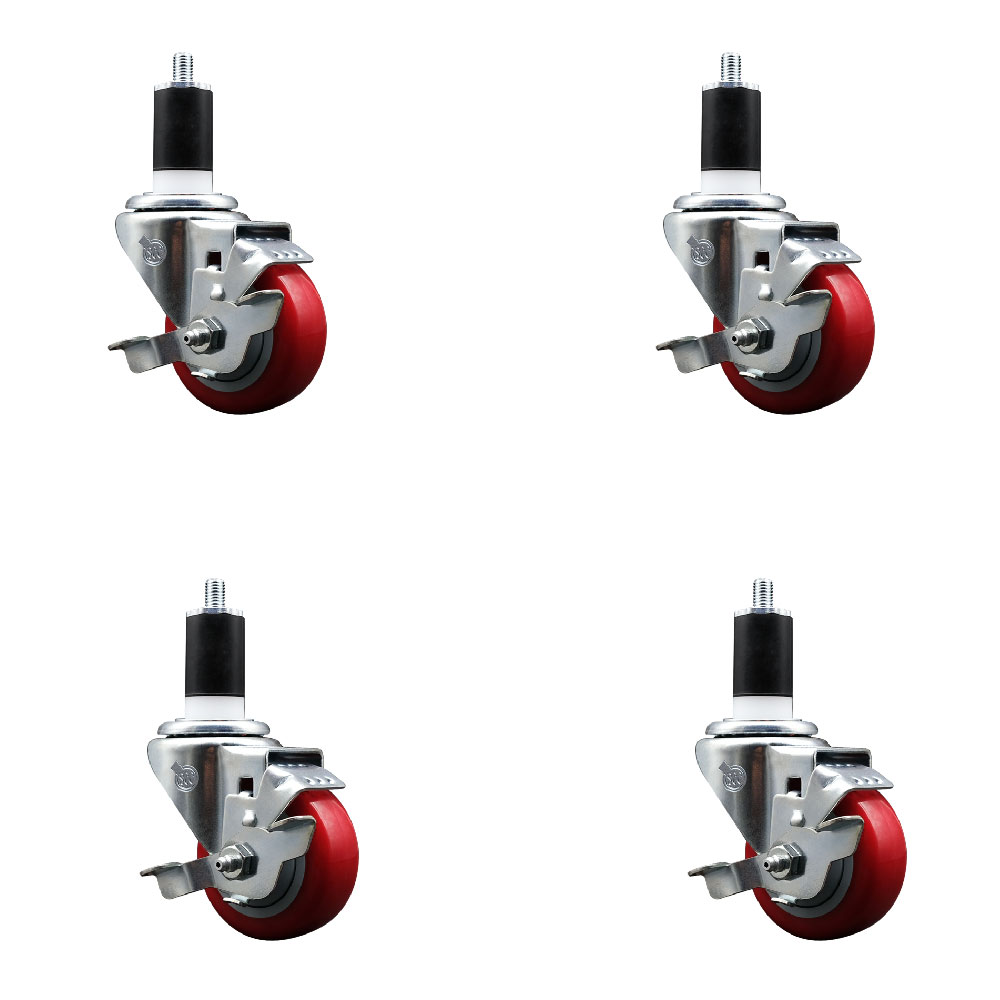 Stainless Steel Polyurethane Swivel Expanding Stem Caster with 3 in. Red Wheels & 1.5 in. Stems 4 Swivel with Top Locking Brakes - Set of 4
