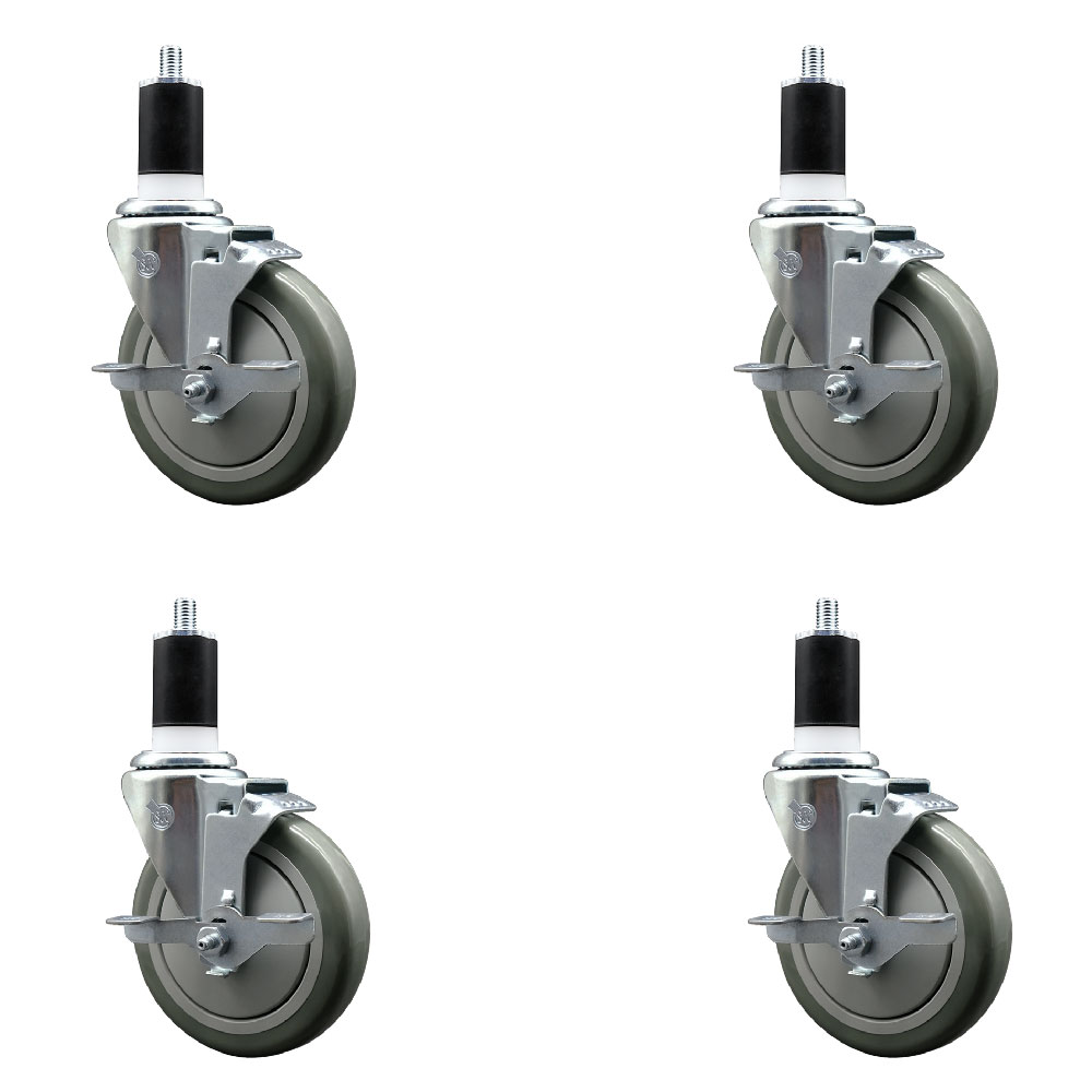 Stainless Steel Polyurethane Swivel Expanding Stem Caster with 5 in. Gray Wheels & 1.5 in. Stems 4 Swivel with Top Locking Brakes - Set of 4