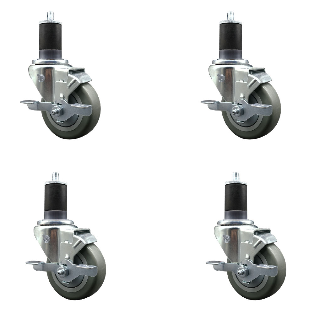 Stainless Steel Polyurethane Swivel Expanding Stem Caster with 3.5 in. Gray Wheels & 1.63 in. Stems 4 Swivel with Top Locking Brakes - Set of 4