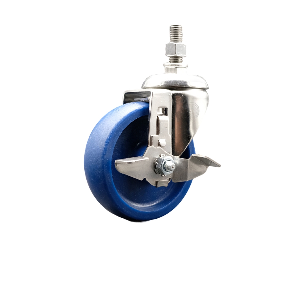 Solid Polyurethane Swivel Stem Caster with 4 in. Blue Caster Wheels & Top Lock Brake, 12 mm Threaded Stem - 316 Stainless Steel Caster