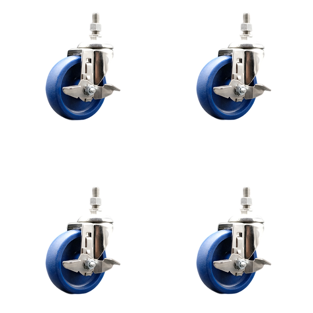 Solid Polyurethane Swivel Stem Caster with 4 in. Caster Wheels, 12 mm Threaded Stems - 316 Stainless Steel Casters - Set of 4
