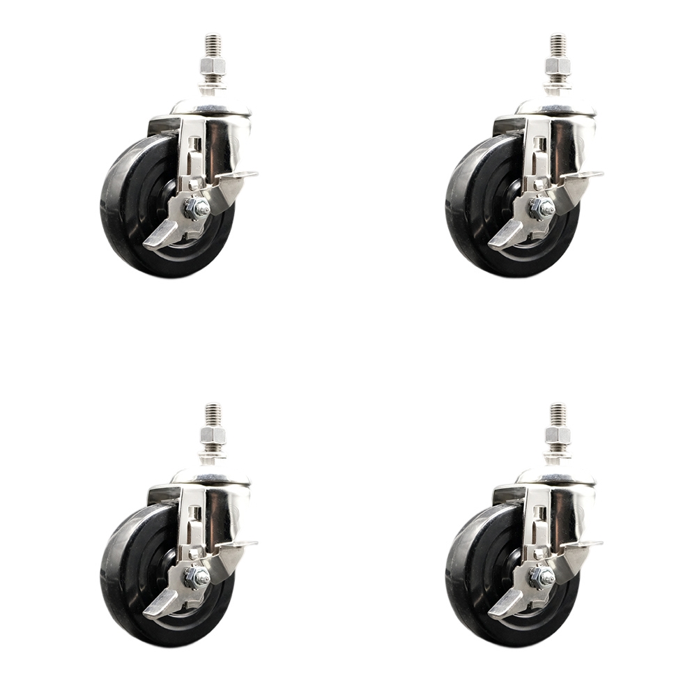 Soft Rubber Swivel Stem Caster with 4 in. Caster Wheels 0.5 in. Threaded Stems 316 Stainless Steel Casters - Set of 4